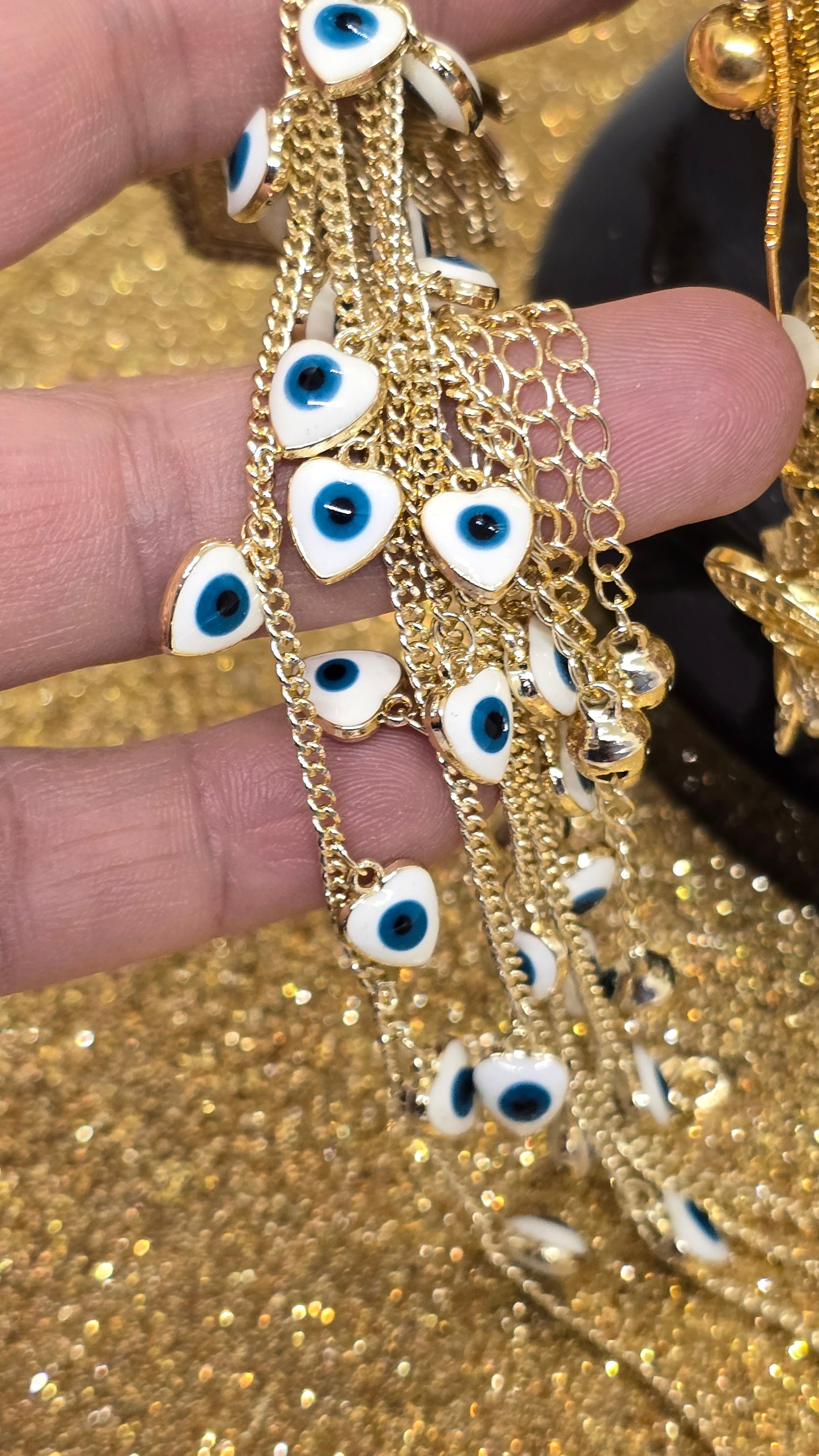 Heart-Shaped Evil Eye Bracelet White with Blue Eye 18k Gold Plated 20+6 cm Adjustable