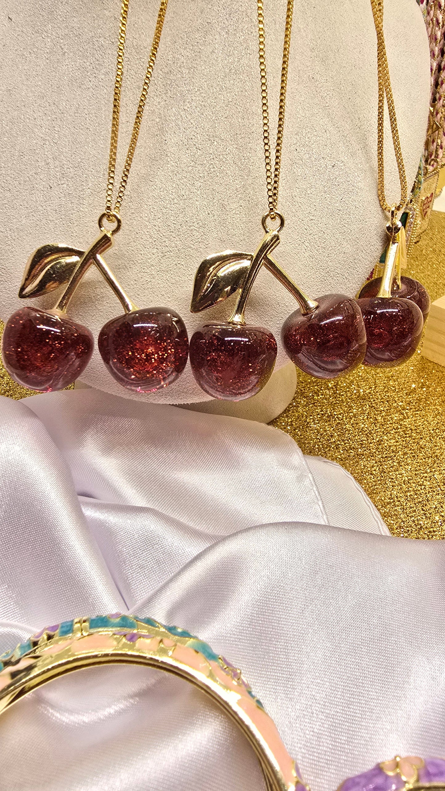 Cherry Necklace 18K Gold Plated - Cherry Red Pendant 50cm