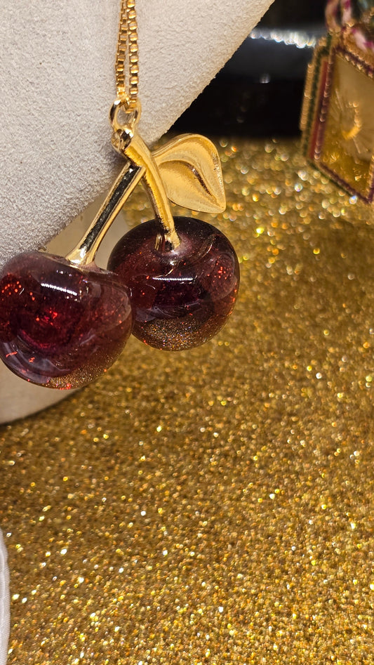 Cherry Necklace 18K Gold Plated - Cherry Red Pendant 50cm