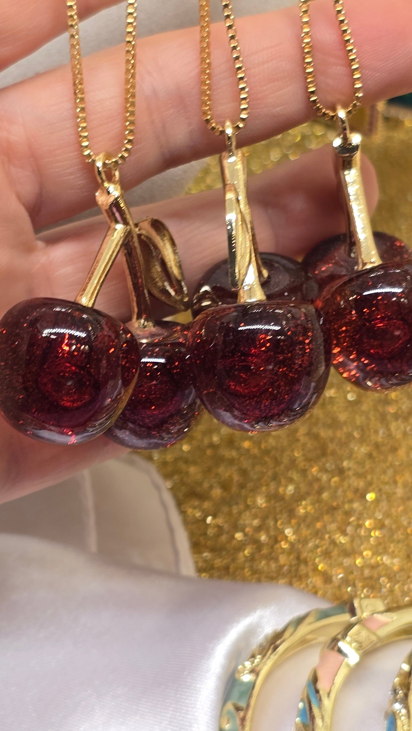 Cherry Necklace 18K Gold Plated - Cherry Red Pendant 50cm
