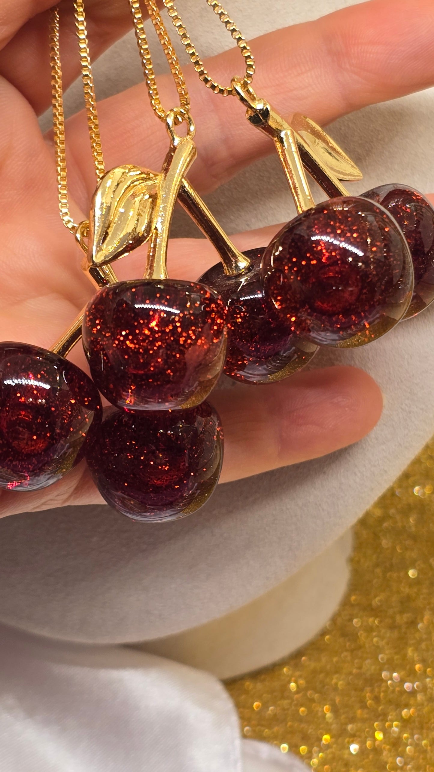 Cherry Necklace 18K Gold Plated - Cherry Red Pendant 50cm
