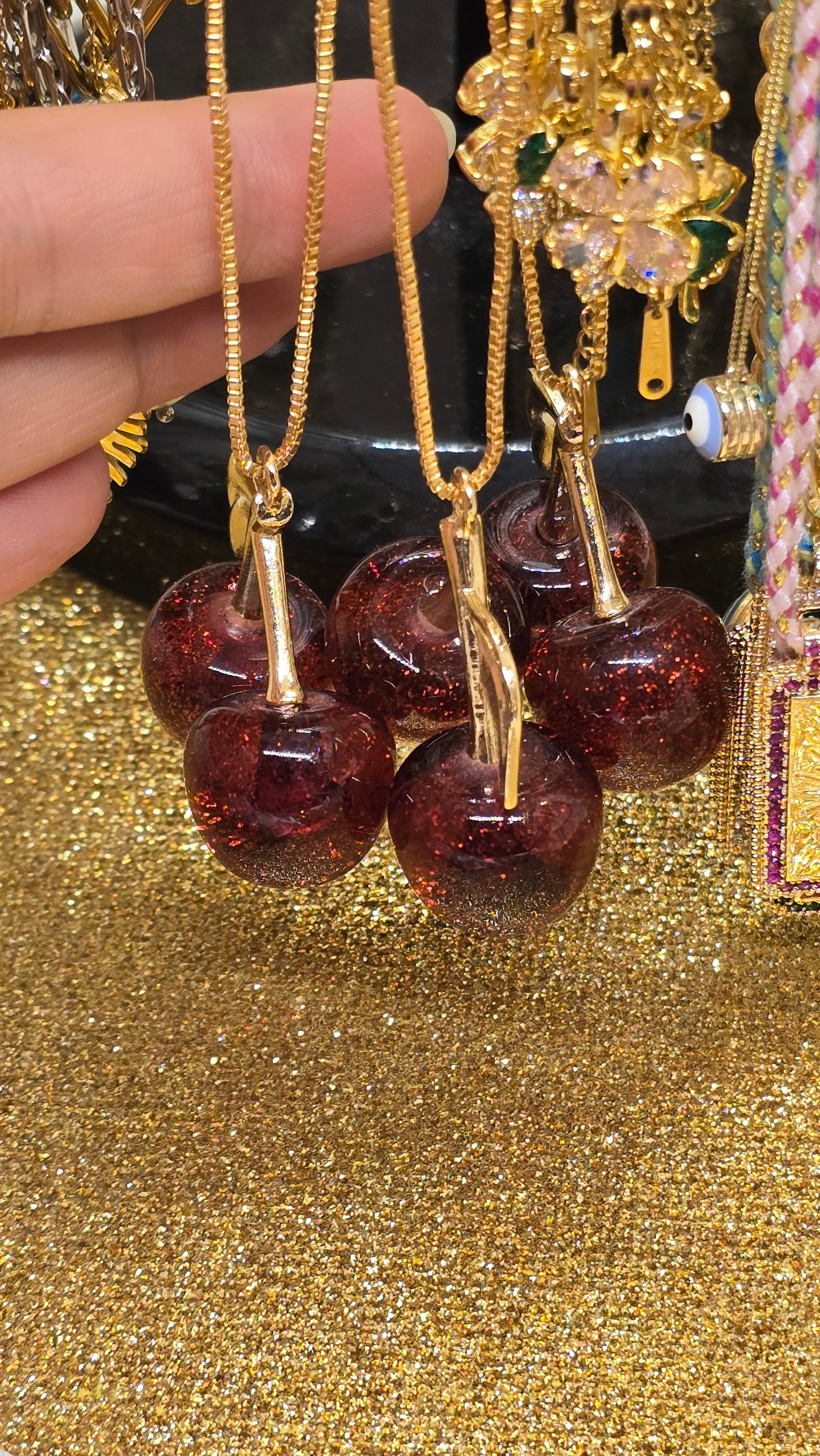 Cherry Necklace 18K Gold Plated - Cherry Red Pendant 50cm