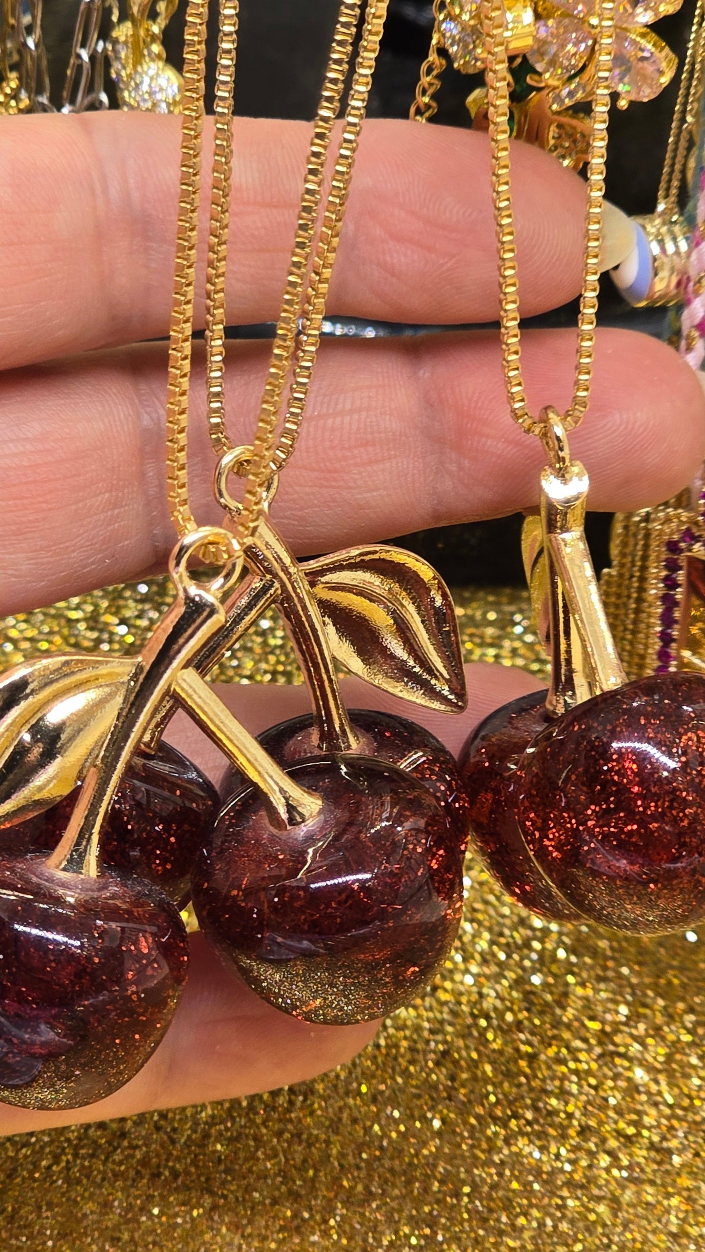 Cherry Necklace 18K Gold Plated - Cherry Red Pendant 50cm
