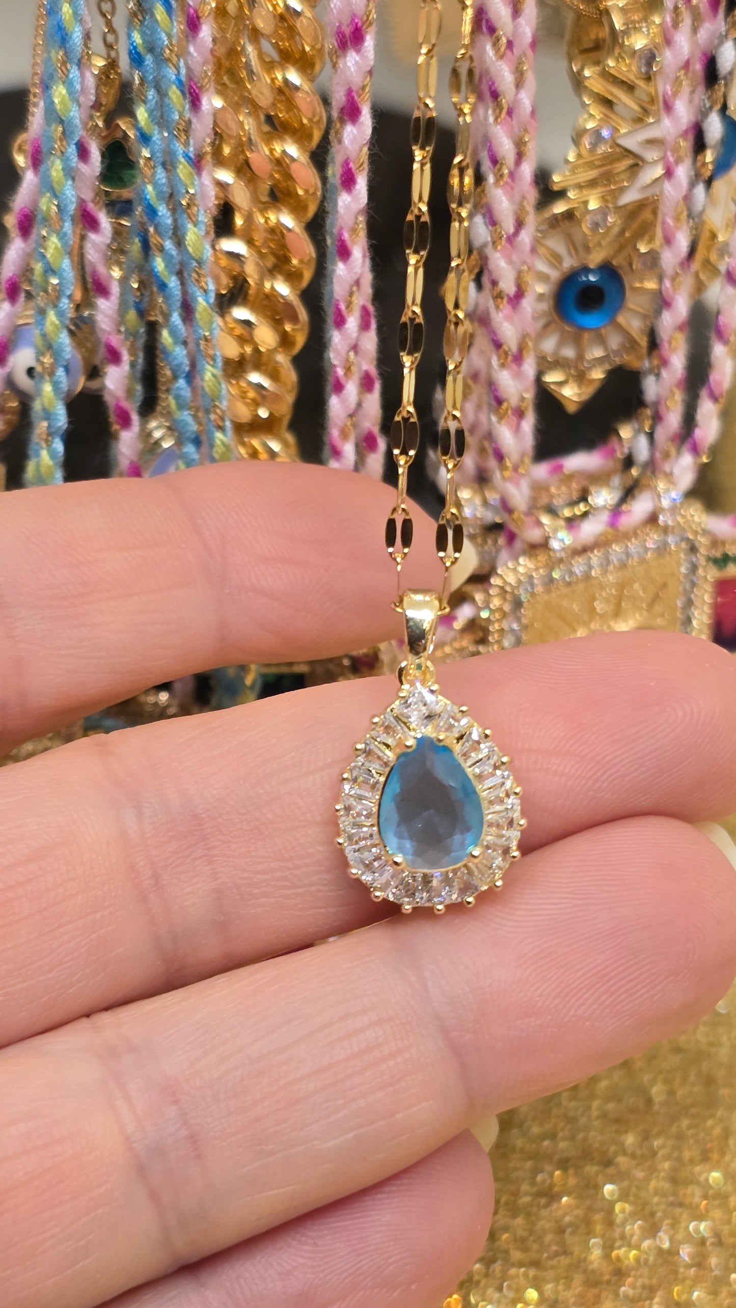 Teardrop Necklace with Blue Stone - Stainless Steel