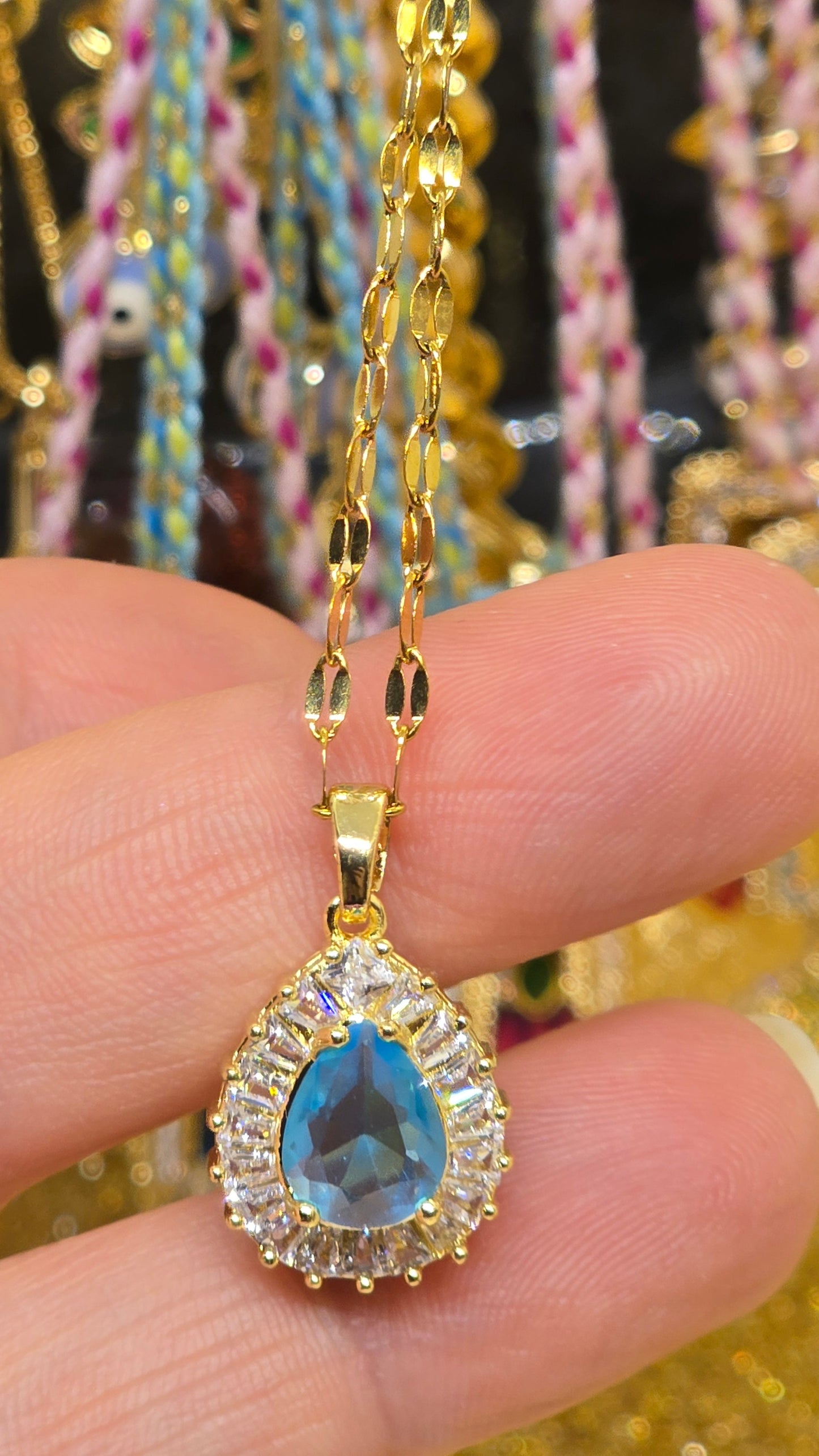 Teardrop Necklace with Blue Stone - Stainless Steel