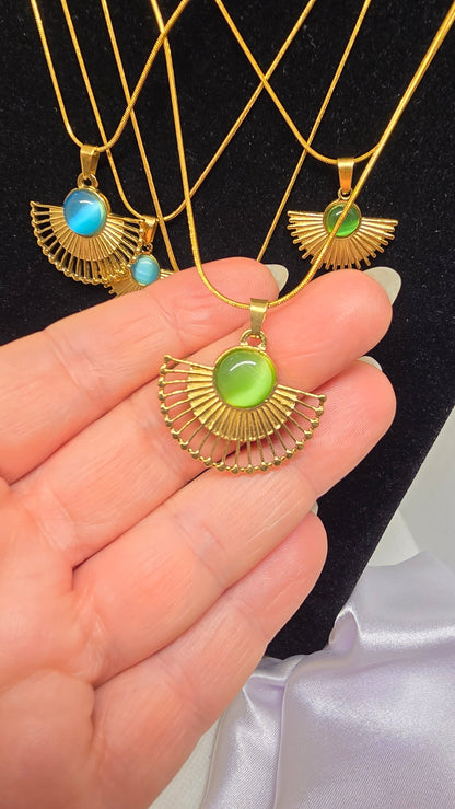 Ägyptischer Fächer 18k Anhänger Halskette - Vergoldeter Schmuck mit Naturstein - Beautyway073 Düsseldorf Germany
