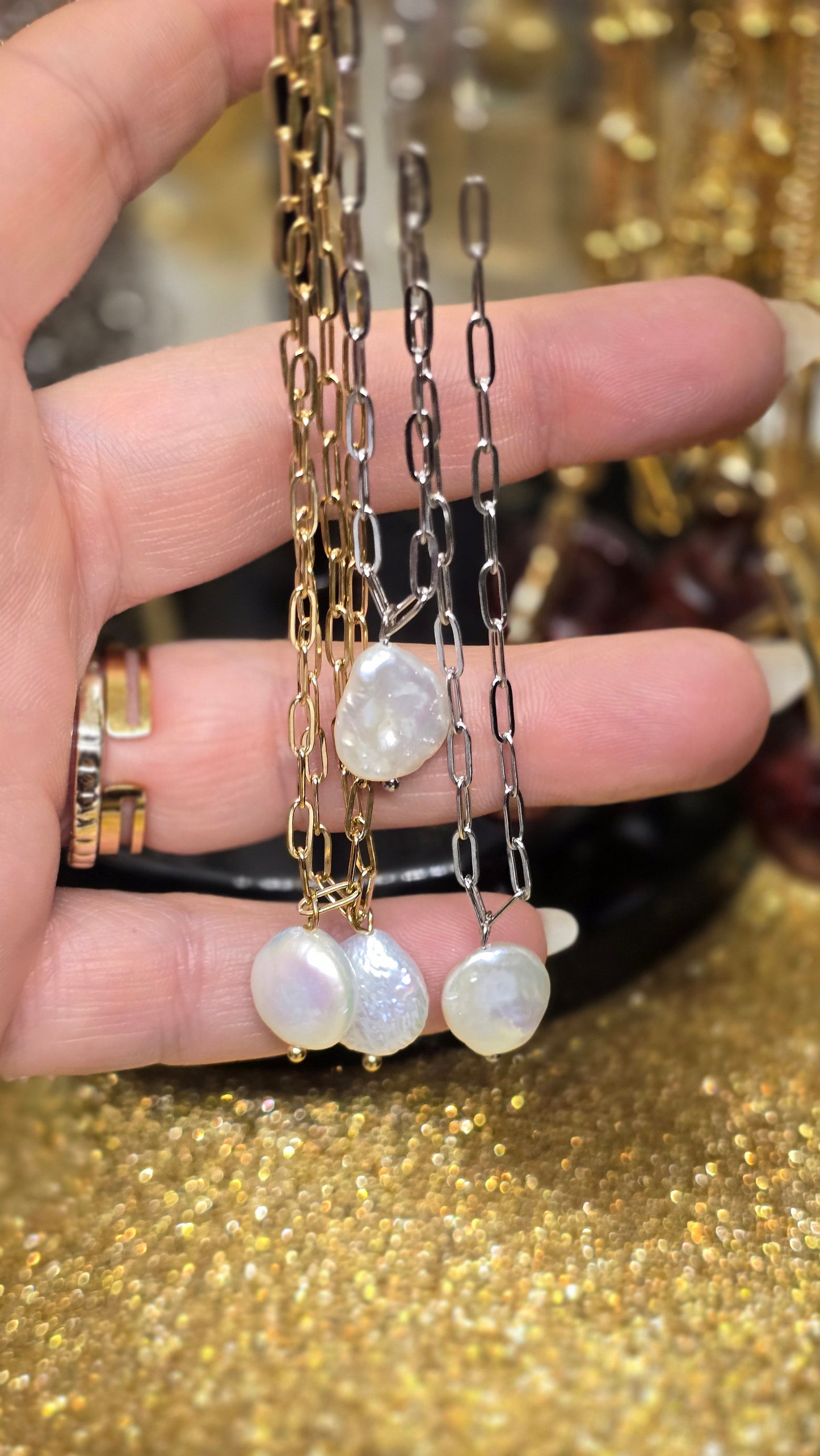 Pearl Necklace with Freshwater Pearls - 18K Gold Plated & Silver Plated 42+7cm