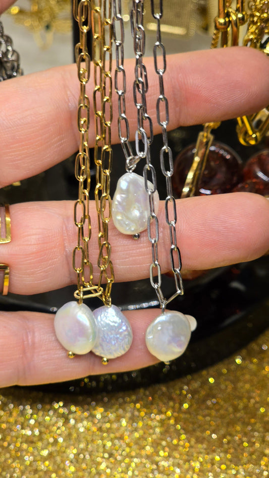 Pearl Necklace with Freshwater Pearls - 18K Gold Plated & Silver Plated 42+7cm