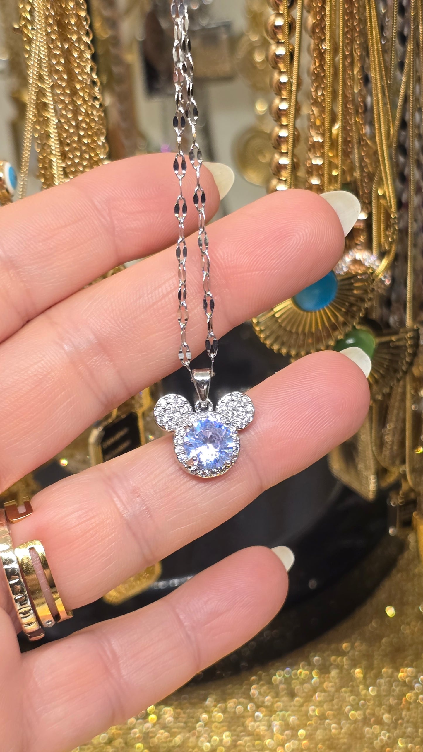 Mouse Crystal Pendant Necklace – Silver with Cubic Zirconia