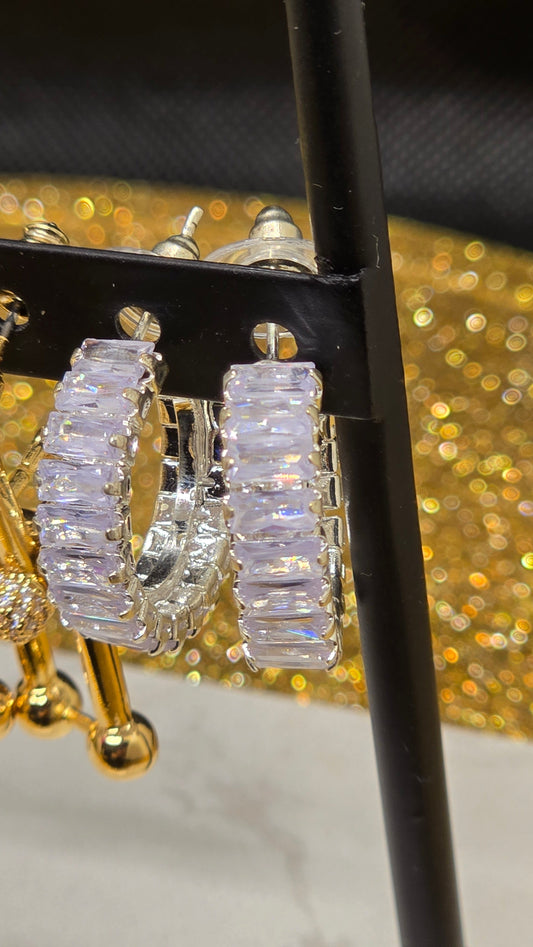 Crystal Hoop Earrings - Silver with Zirconia Baguette