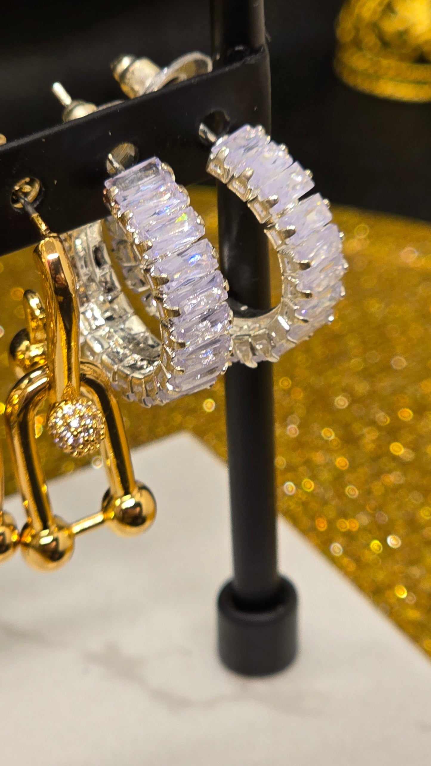 Crystal Hoop Earrings - Silver with Zirconia Baguette