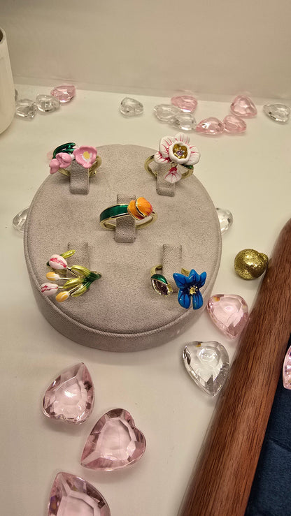 Emaille Blumenringe 18K vergoldet – Ansicht 10