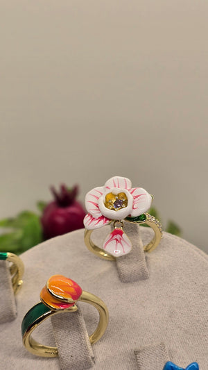 Emaille Blumenring 18K vergoldet – Design Kaiserliche Orchidee