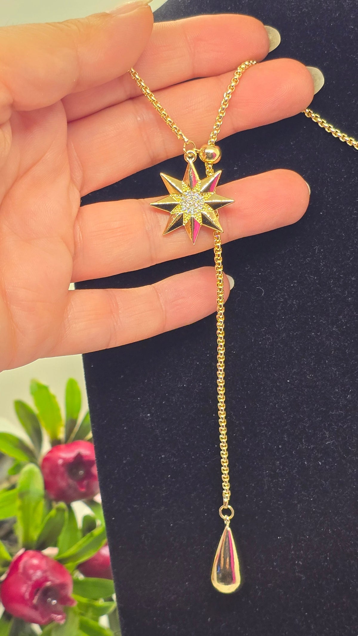 Lariat Halskette vergoldet mit Zirkonia-Anhänger – Design Nordstern
