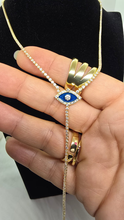 Evil Eye Zirkonia Halskette mit blauem Nazar Auge an Tenniskette – Ansicht 1