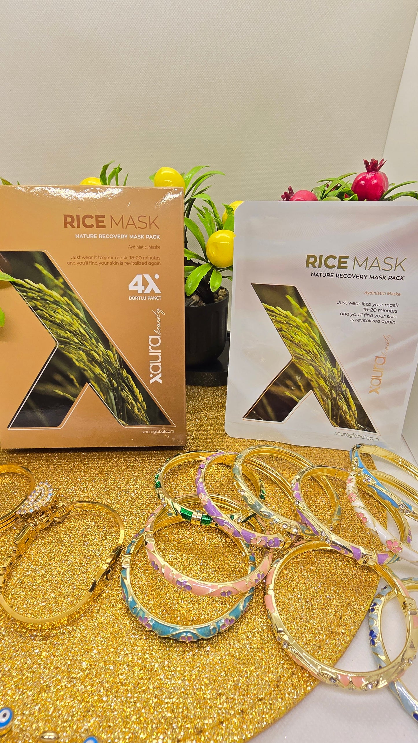Xaura Global Rice Mask Set from Korea - Collagen Cotton Masks, 4 Masks