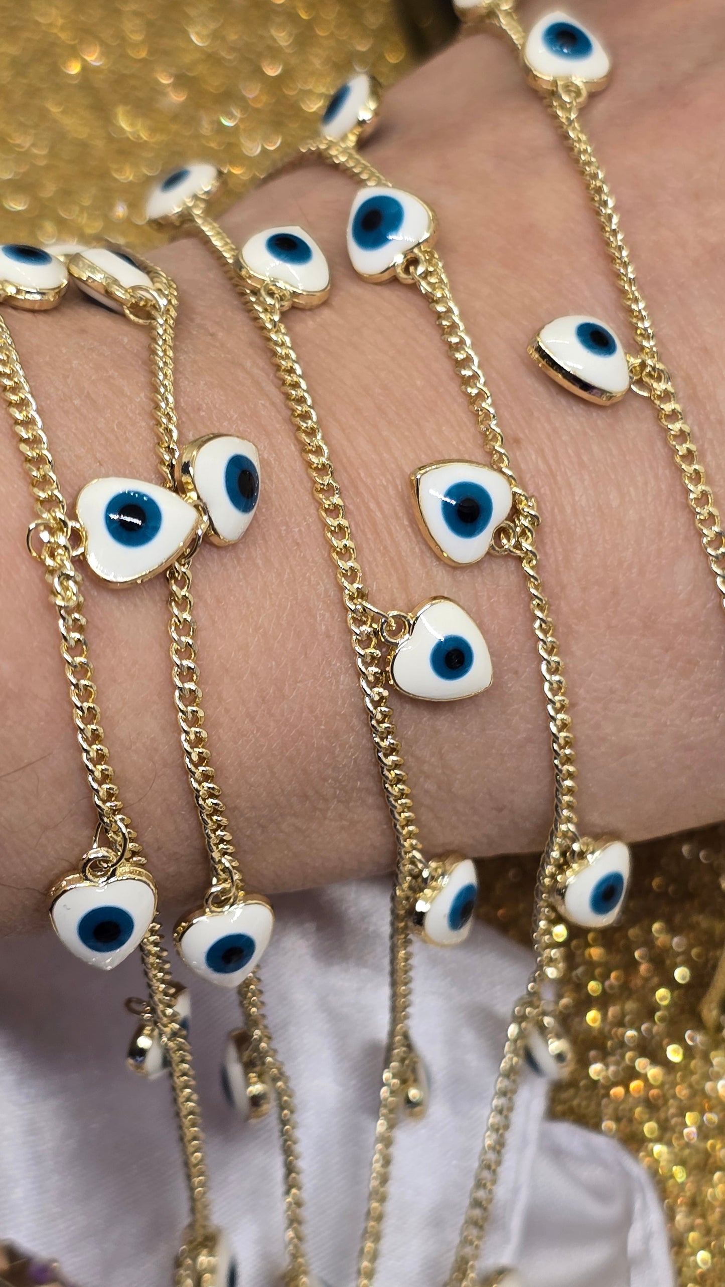 Heart-Shaped Evil Eye Bracelet White with Blue Eye 18k Gold Plated 20+6 cm Adjustable