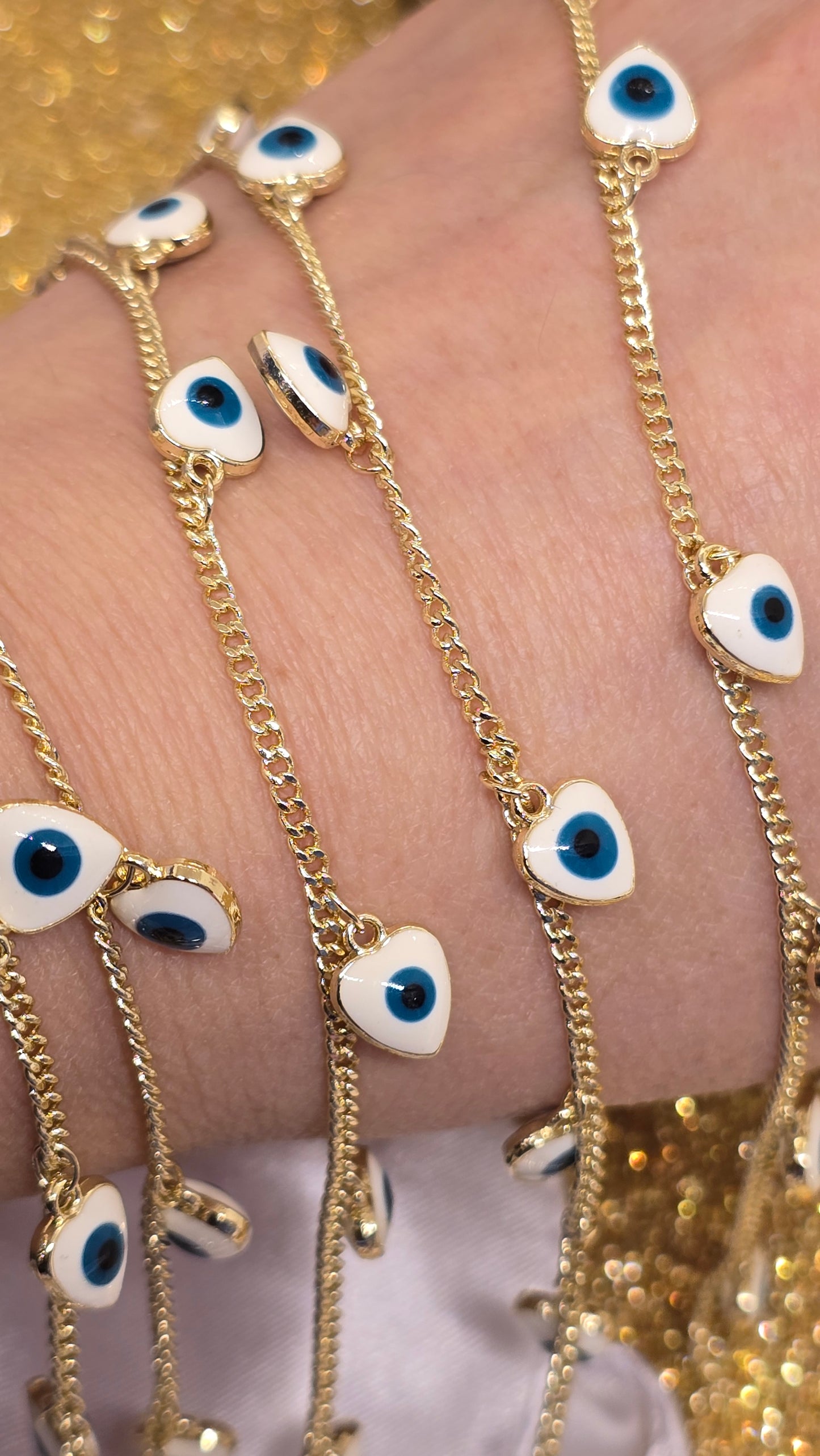 Heart-Shaped Evil Eye Bracelet White with Blue Eye 18k Gold Plated 20+6 cm Adjustable