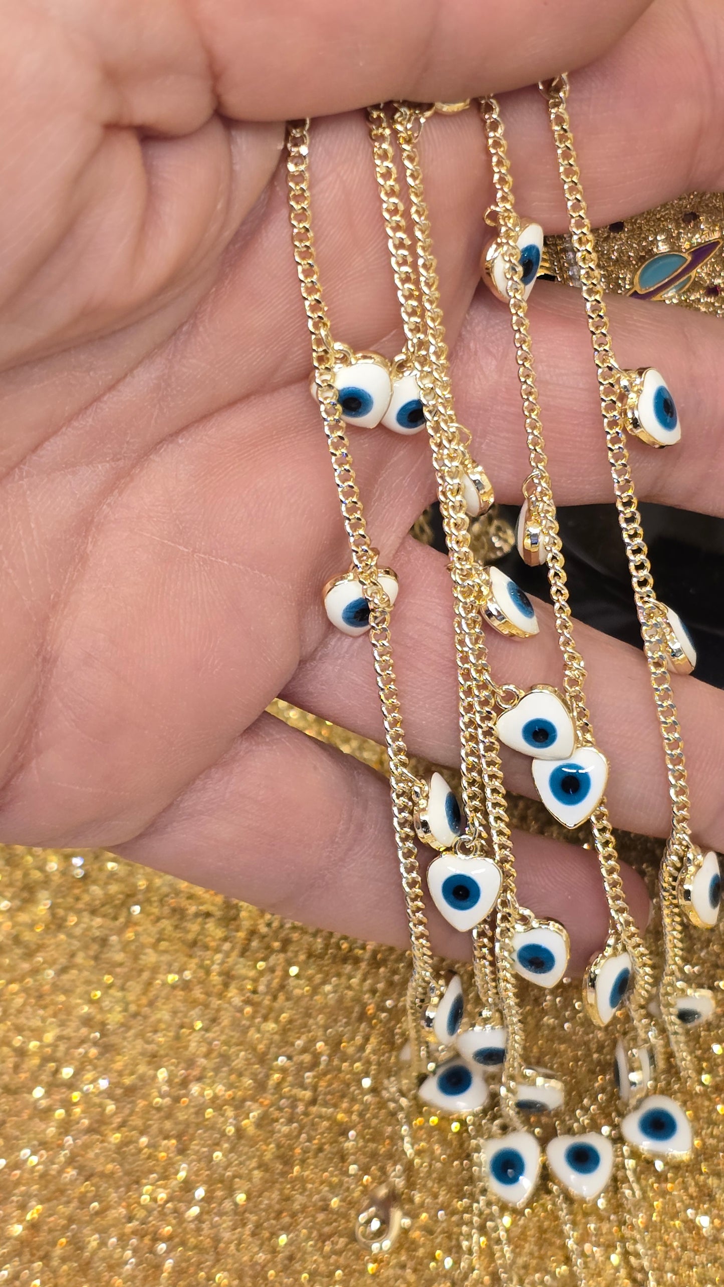 Heart-Shaped Evil Eye Bracelet White with Blue Eye 18k Gold Plated 20+6 cm Adjustable