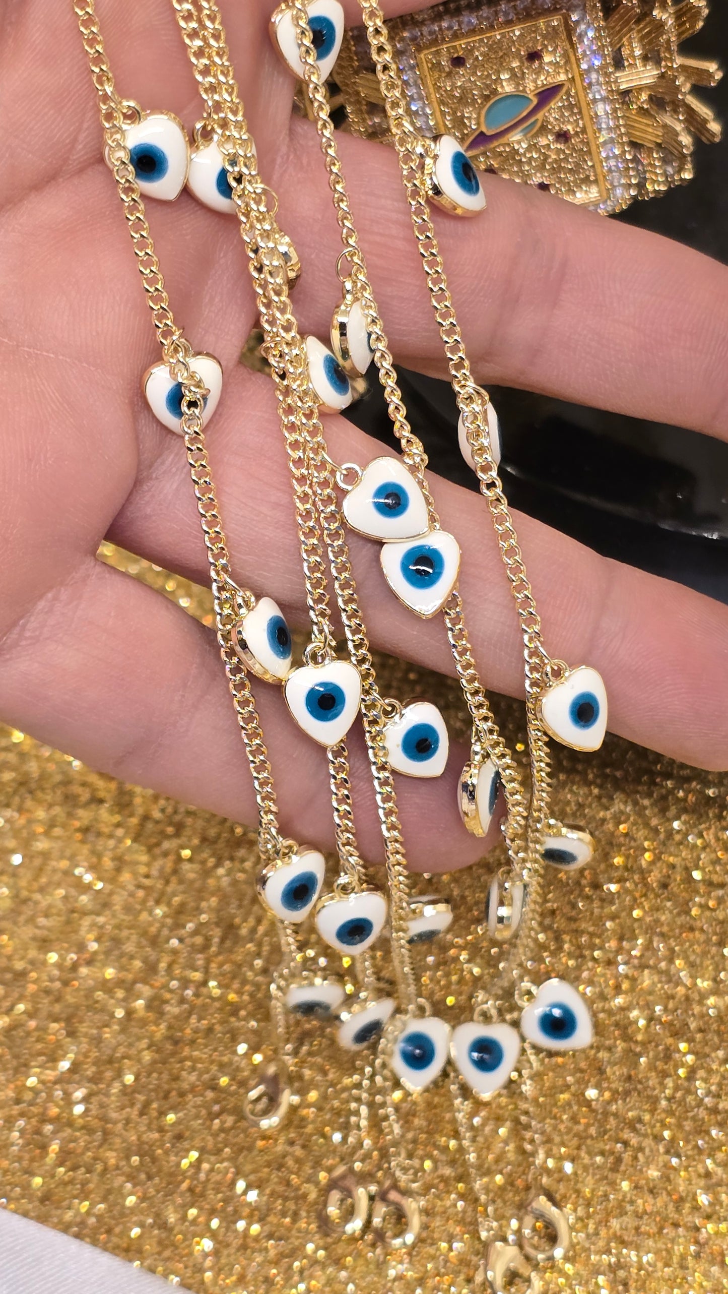 Heart-Shaped Evil Eye Bracelet White with Blue Eye 18k Gold Plated 20+6 cm Adjustable