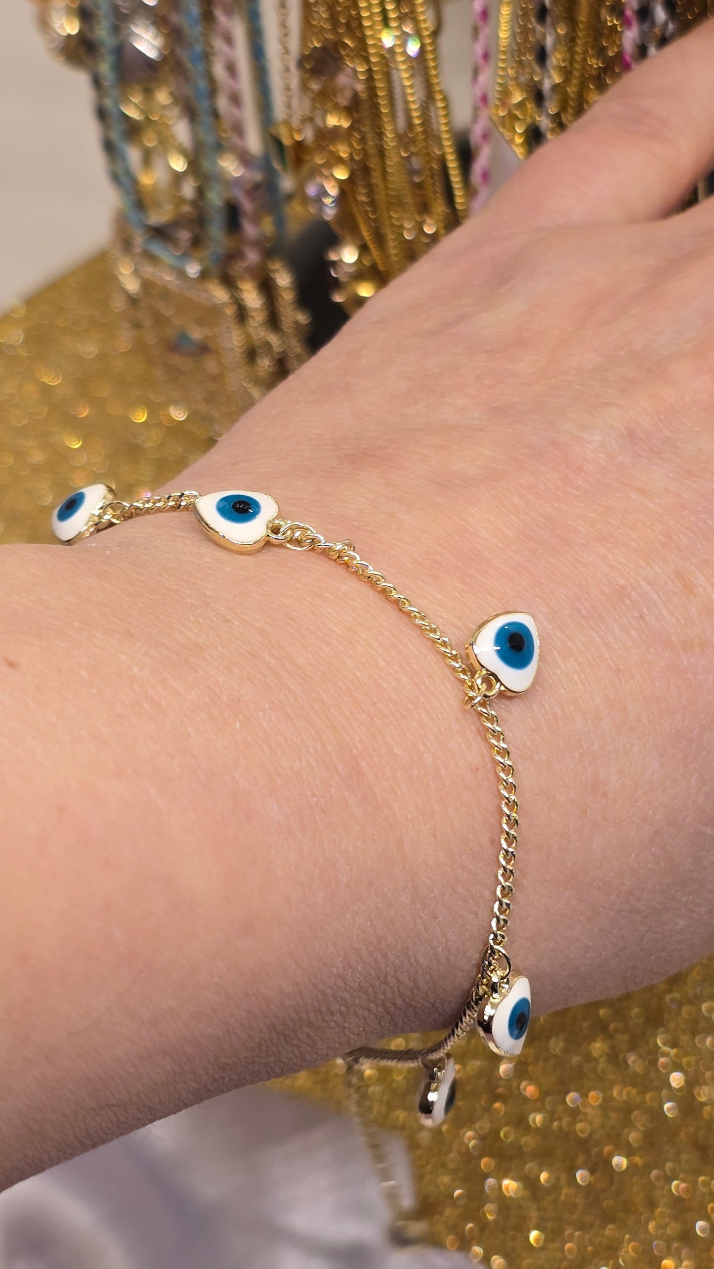 Heart-Shaped Evil Eye Bracelet White with Blue Eye 18k Gold Plated 20+6 cm Adjustable