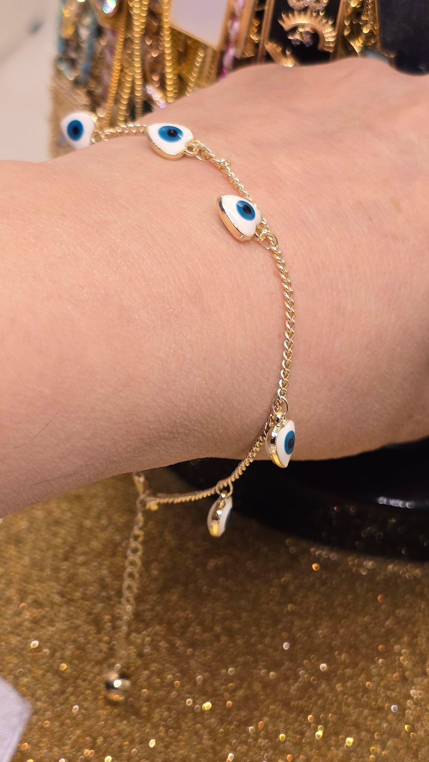 Heart-Shaped Evil Eye Bracelet White with Blue Eye 18k Gold Plated 20+6 cm Adjustable