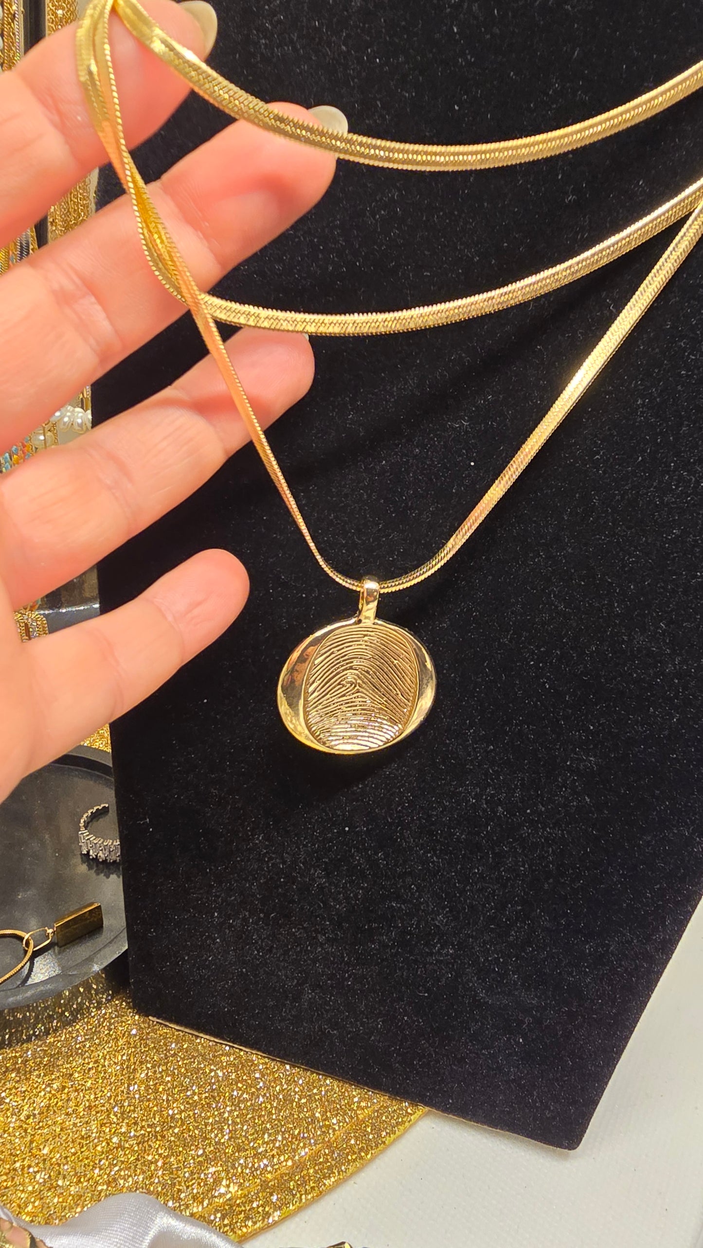 Snake Chain Necklace with Round Fingerprint Pendant