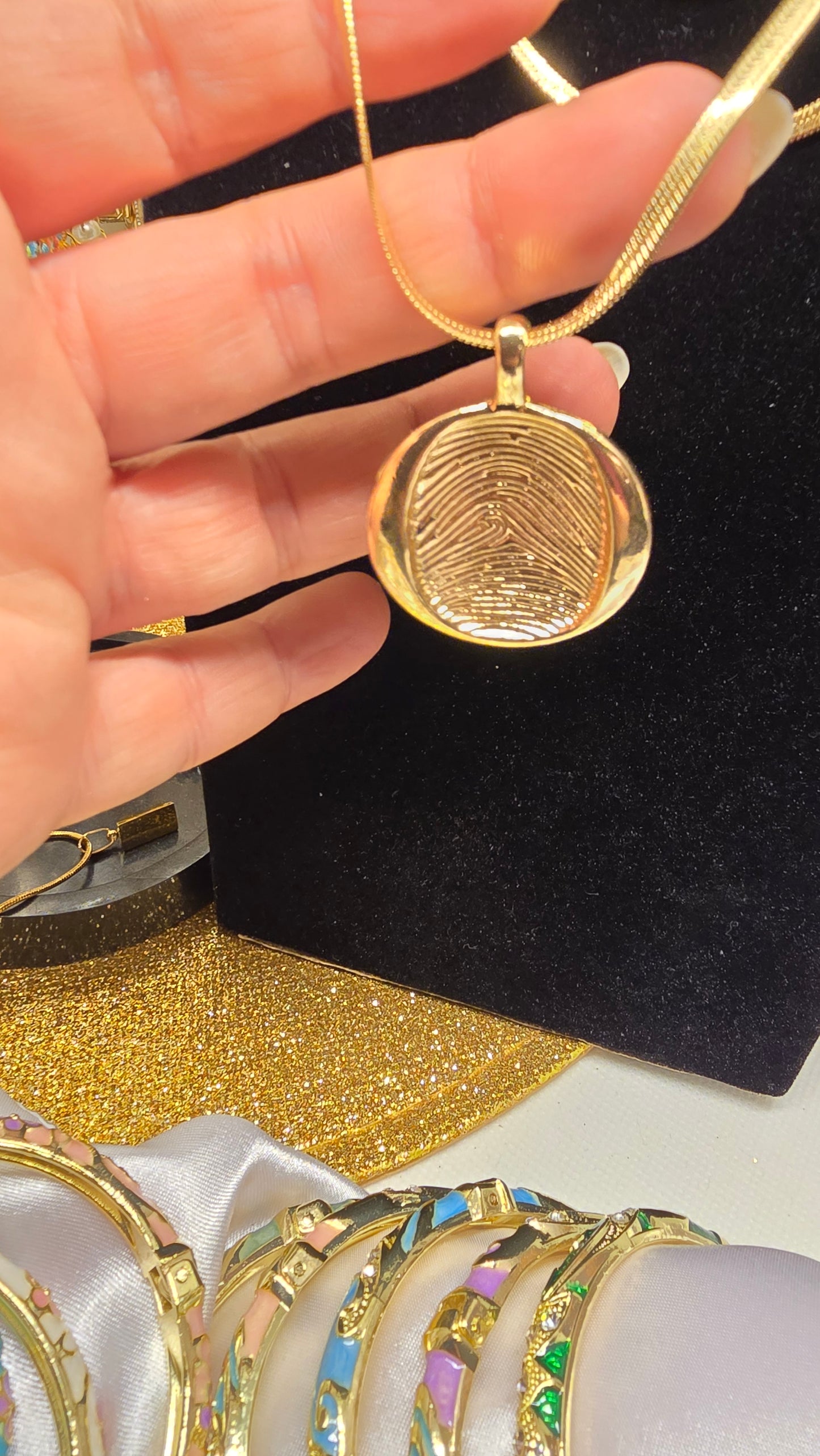 Snake Chain Necklace with Round Fingerprint Pendant