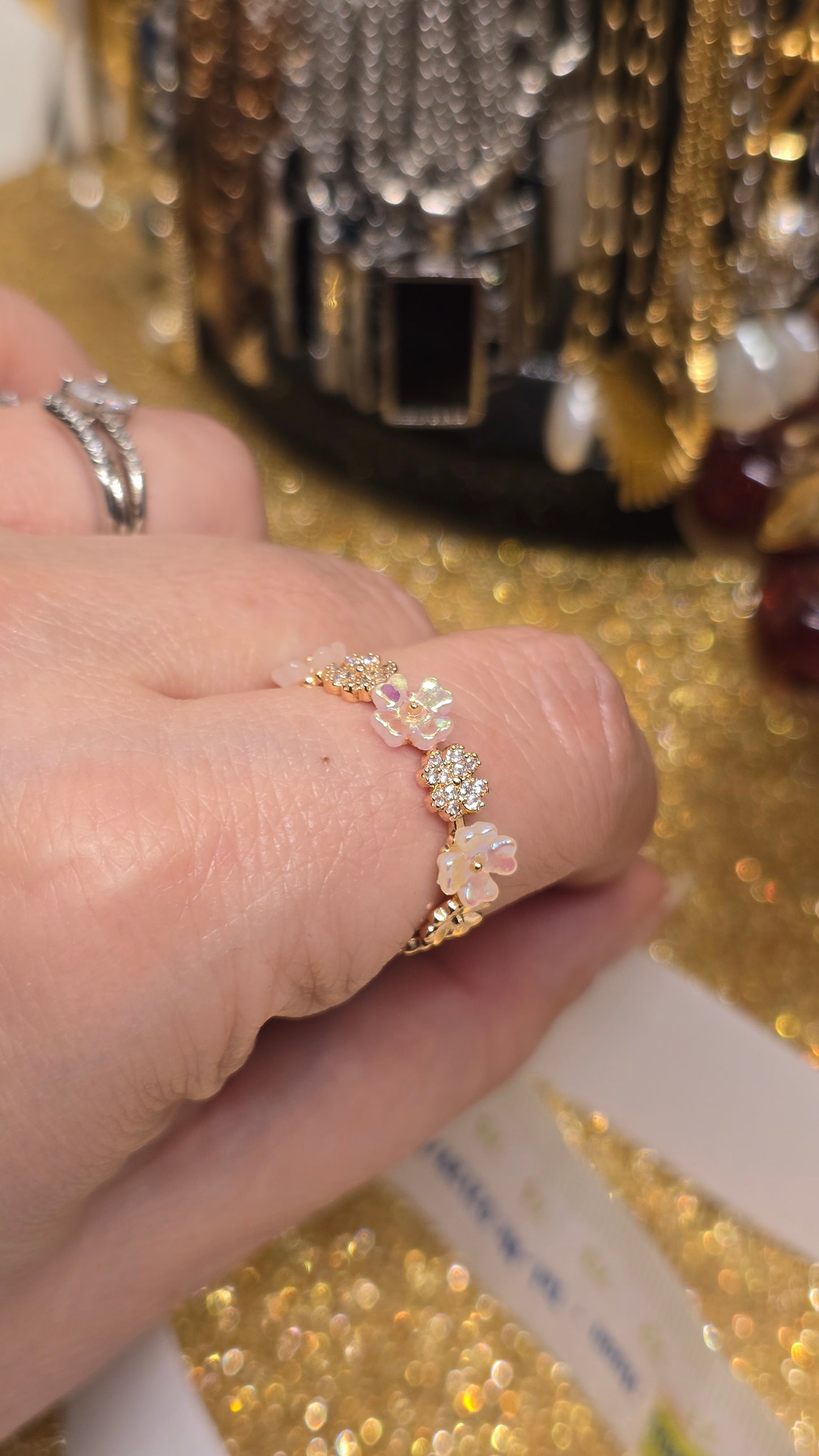 Adjustable Floral Opal Ring 18k Gold Plated