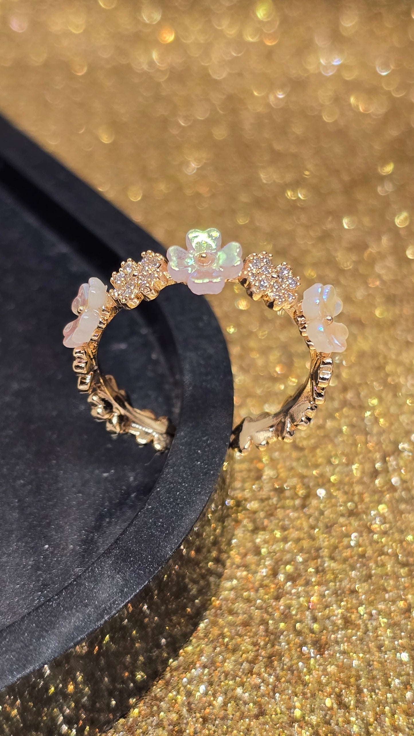 Adjustable Floral Opal Ring 18k Gold Plated