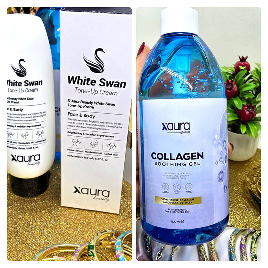 Xaura Aufhellung & Kollagen Paket – White Swan Aufhellungscreme und Collagen Soothing Gel nebeneinander - Beautyway073