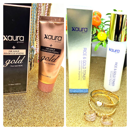Xaura Gold Reinigung Paket – 24K Gold Schaum-Reiniger und Reis & Gold Toner nebeneinander - Beautyway073