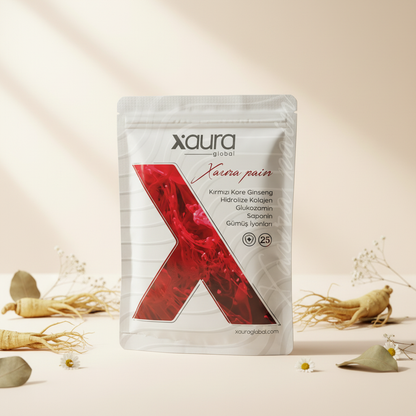 Xaura Xpain Wellness Pflaster Packung mit rotem X-Design, dekoriert mit Ginsengwurzeln