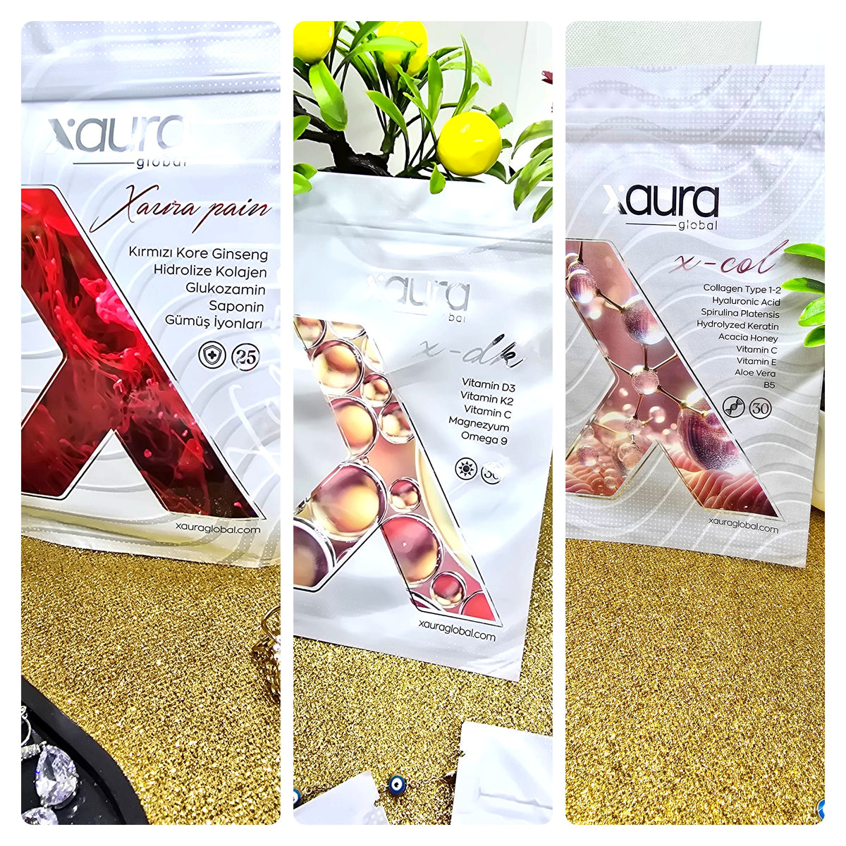 Xaura Wellness Pflaster Bundle – Xpain, X-DK Vitamin D3K2 und X-Col Kollagen Pflaster nebeneinander - Beautyway073