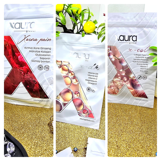 Xaura Wellness Pflaster Bundle – Xpain, X-DK Vitamin D3K2 und X-Col Kollagen Pflaster nebeneinander - Beautyway073