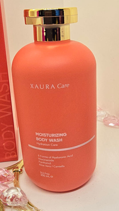 Xaura Care Feuchtigkeits-Duschgel – Flasche neben Verpackung